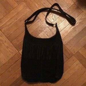 Black Suede Fringe Large Crossbody Bag